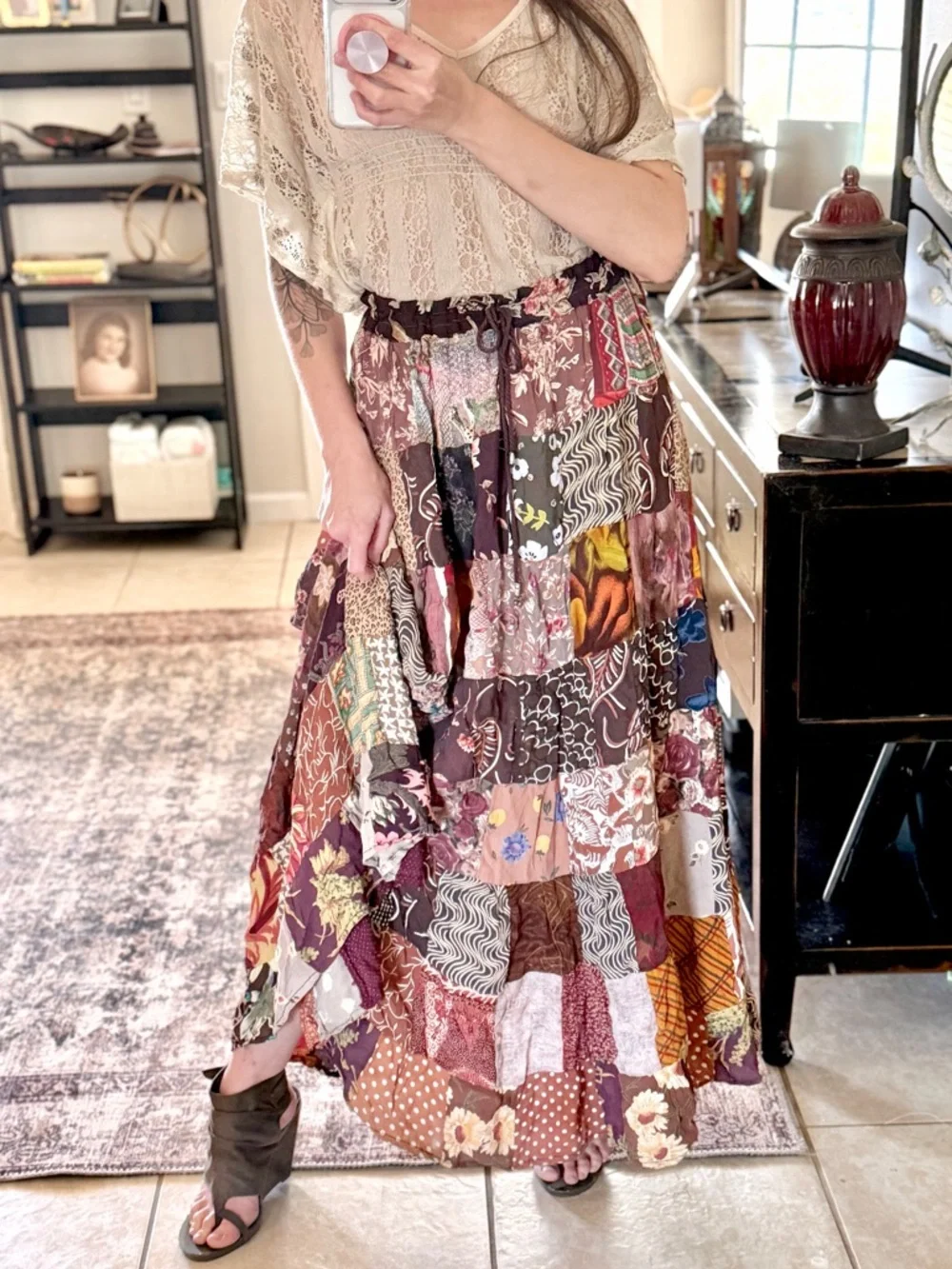 Vintage Patchwork Maxi Skirt Boho Festival Cottagecore Free Size Drawstring‎